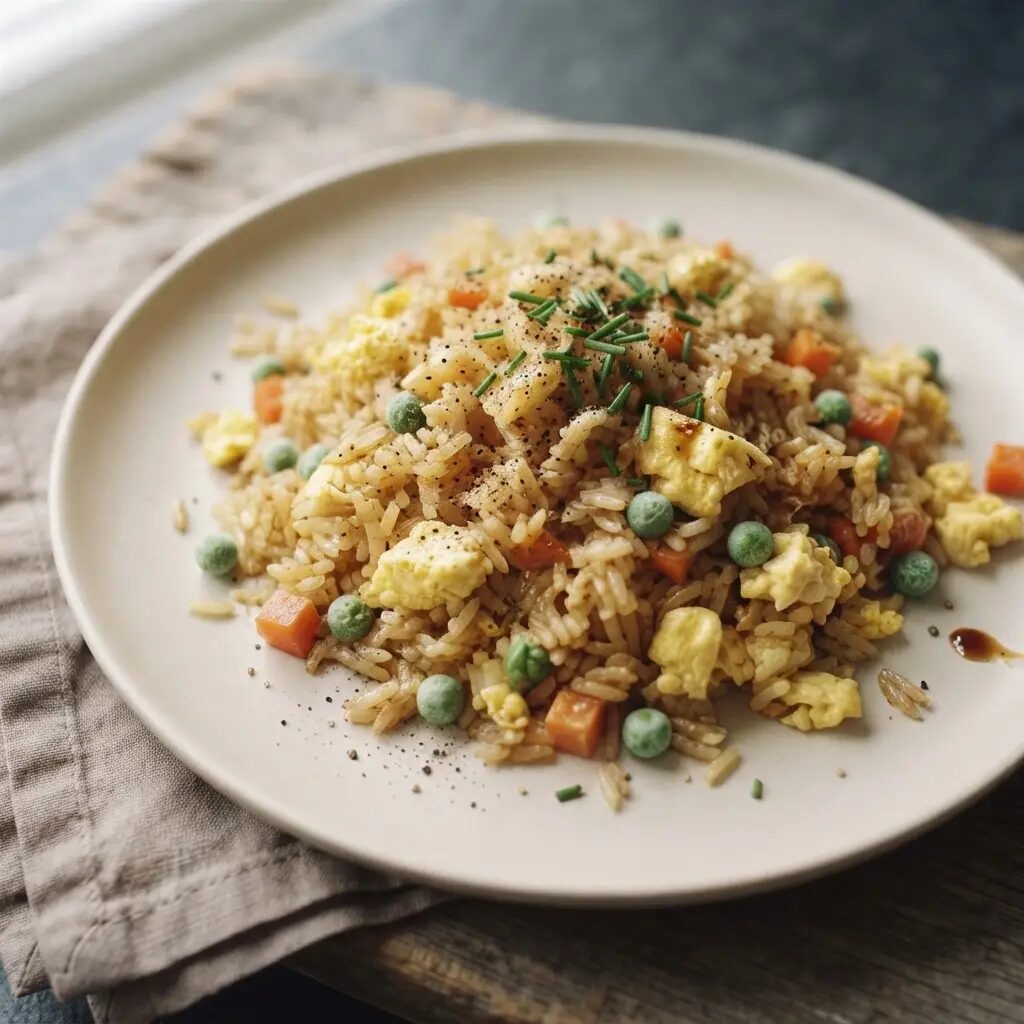 Riz sauté à l’œuf, dressé dans une assiette