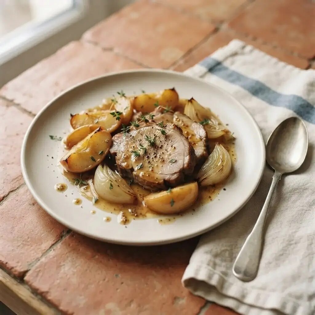 Rôti de porc aux pommes, dressé dans une assiette