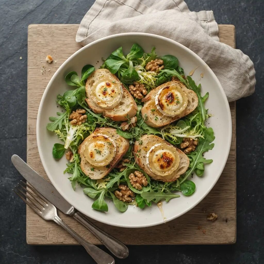 Salade de chèvre chaud, dressé dans une assiette