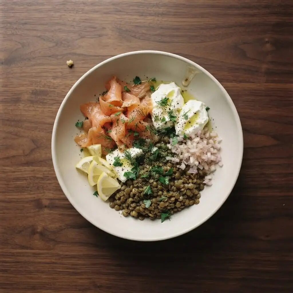 Salade lentilles saumon fumé, dressé dans une assiette