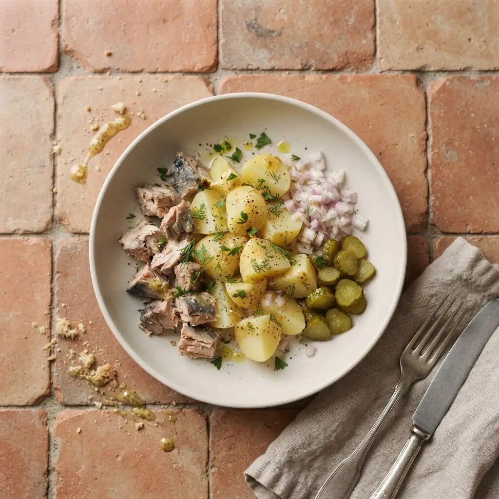 Salade de pommes de terre au maquereau, dressé dans une assiette