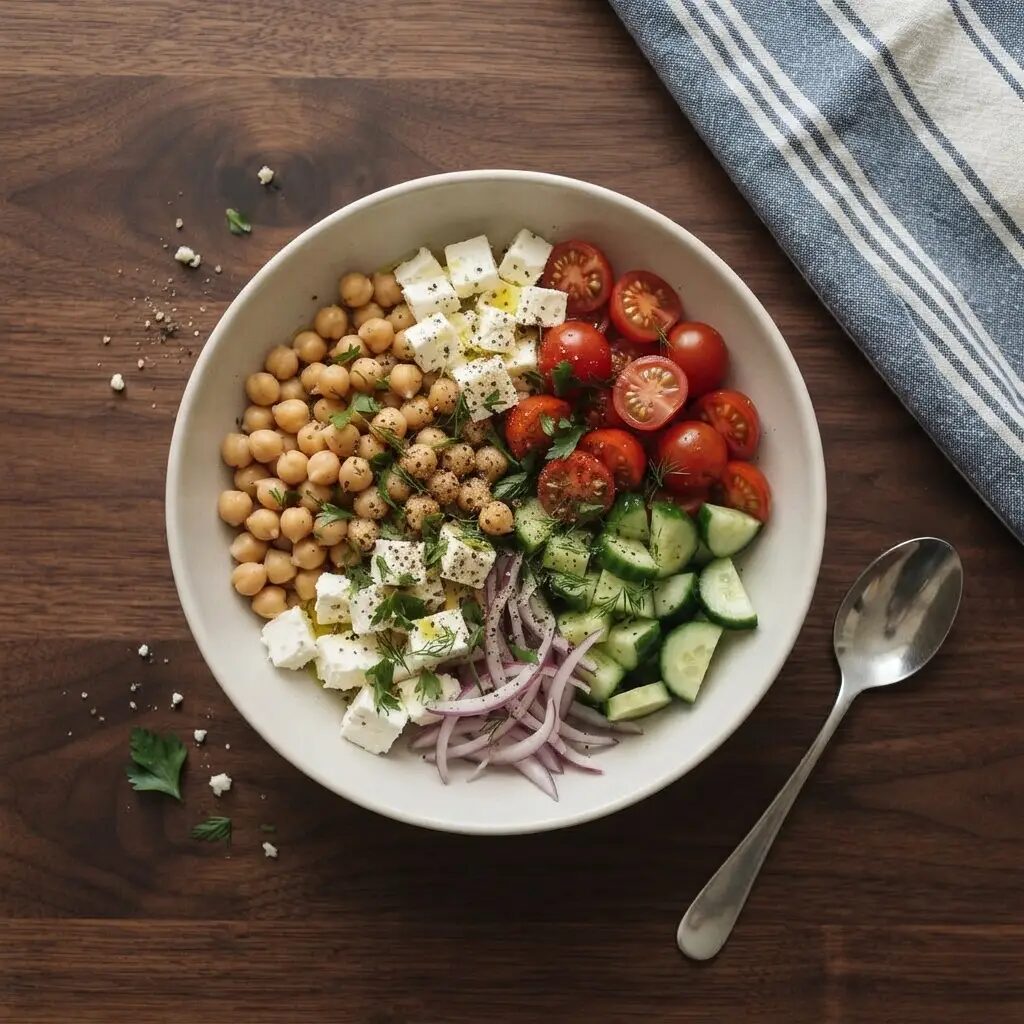 Salade pois chiches feta, dressé dans une assiette