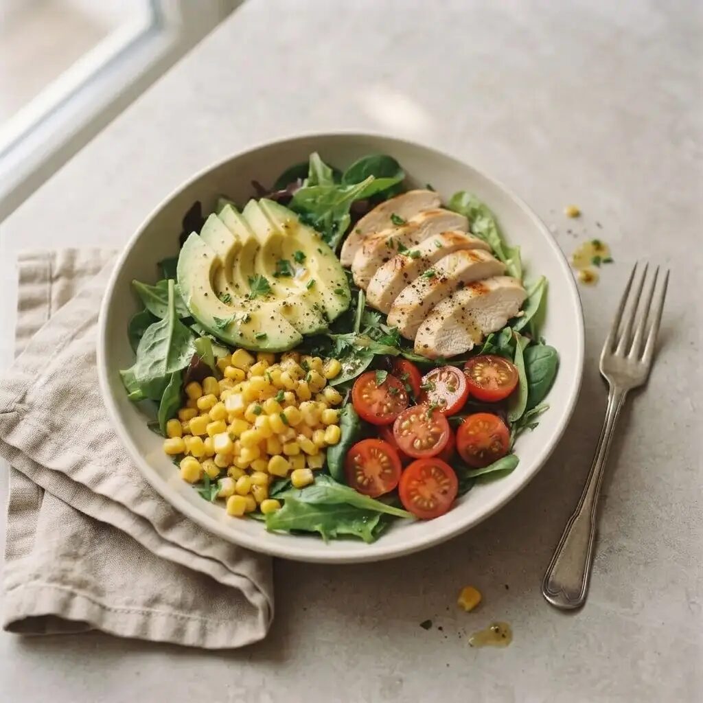 Salade poulet avocat, dressé dans une assiette