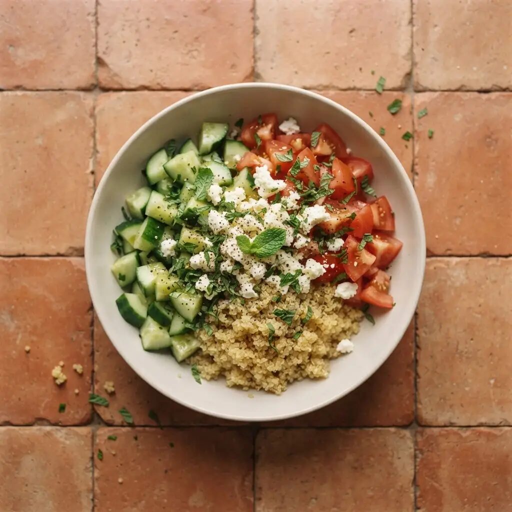 Salade quinoa feta menthe, dressé dans une assiette