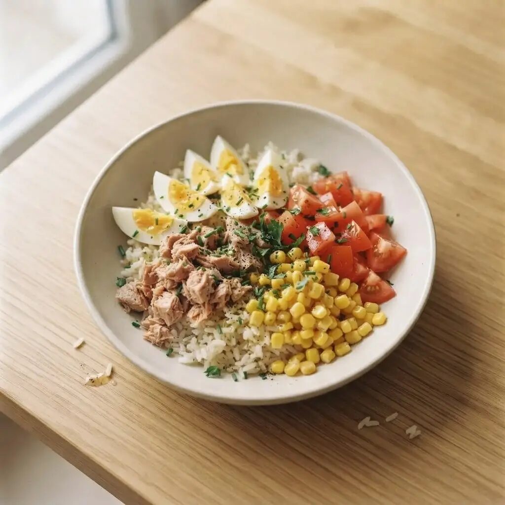 Salade de riz complète, dressé dans une assiette