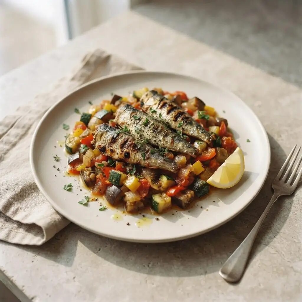 Sardines grillées et ratatouille, dressé dans une assiette