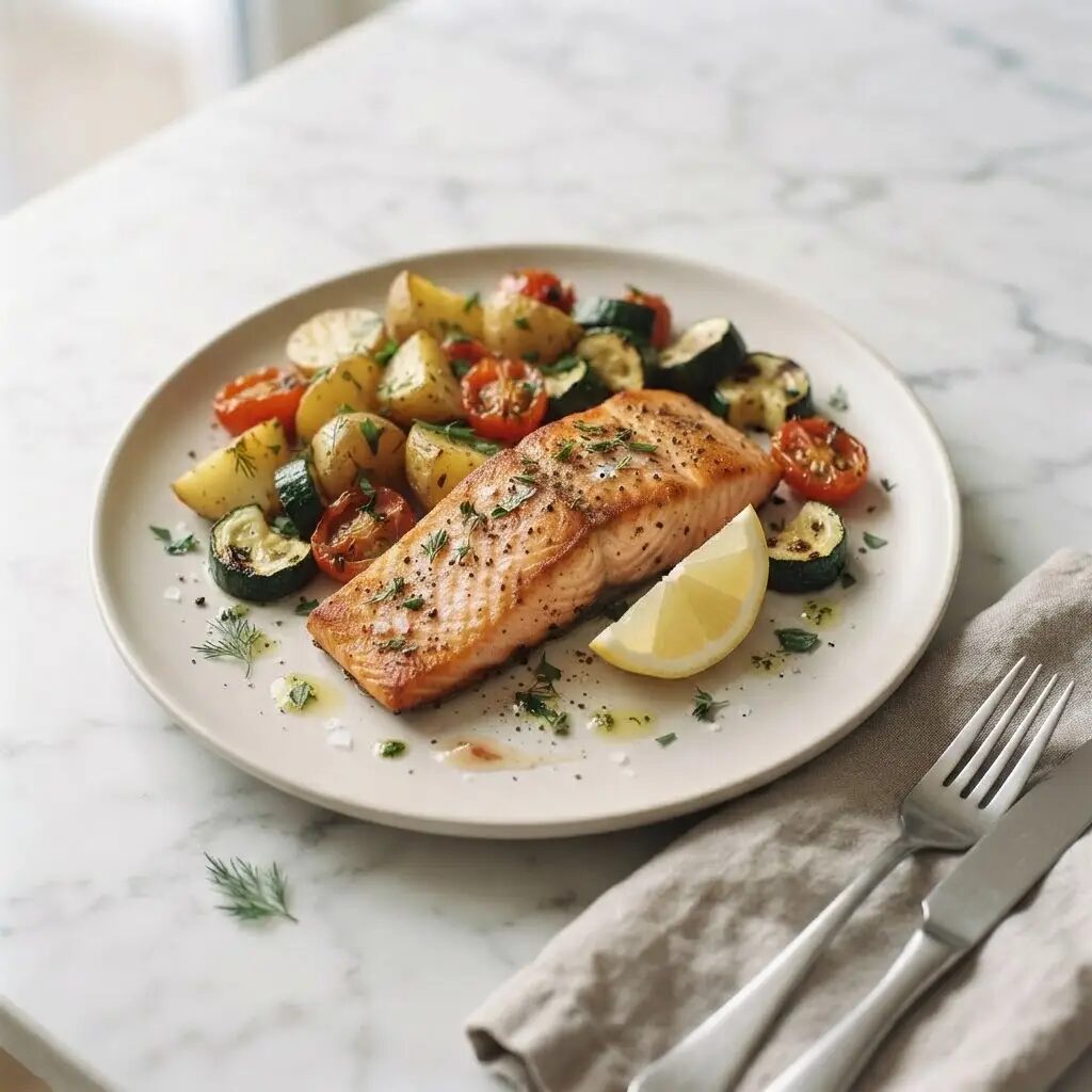Saumon rôti aux légumes, dressé dans une assiette