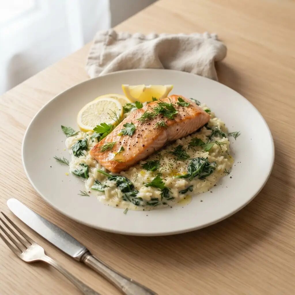 Saumon riz citron, dressé dans une assiette