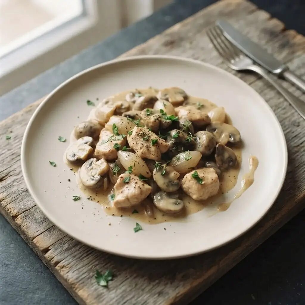 Sauté de dinde aux champignons, dressé dans une assiette