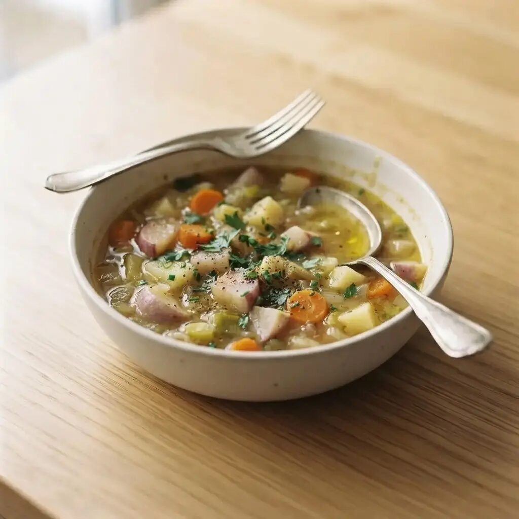Soupe de légumes d’hiver, dressé dans une assiette