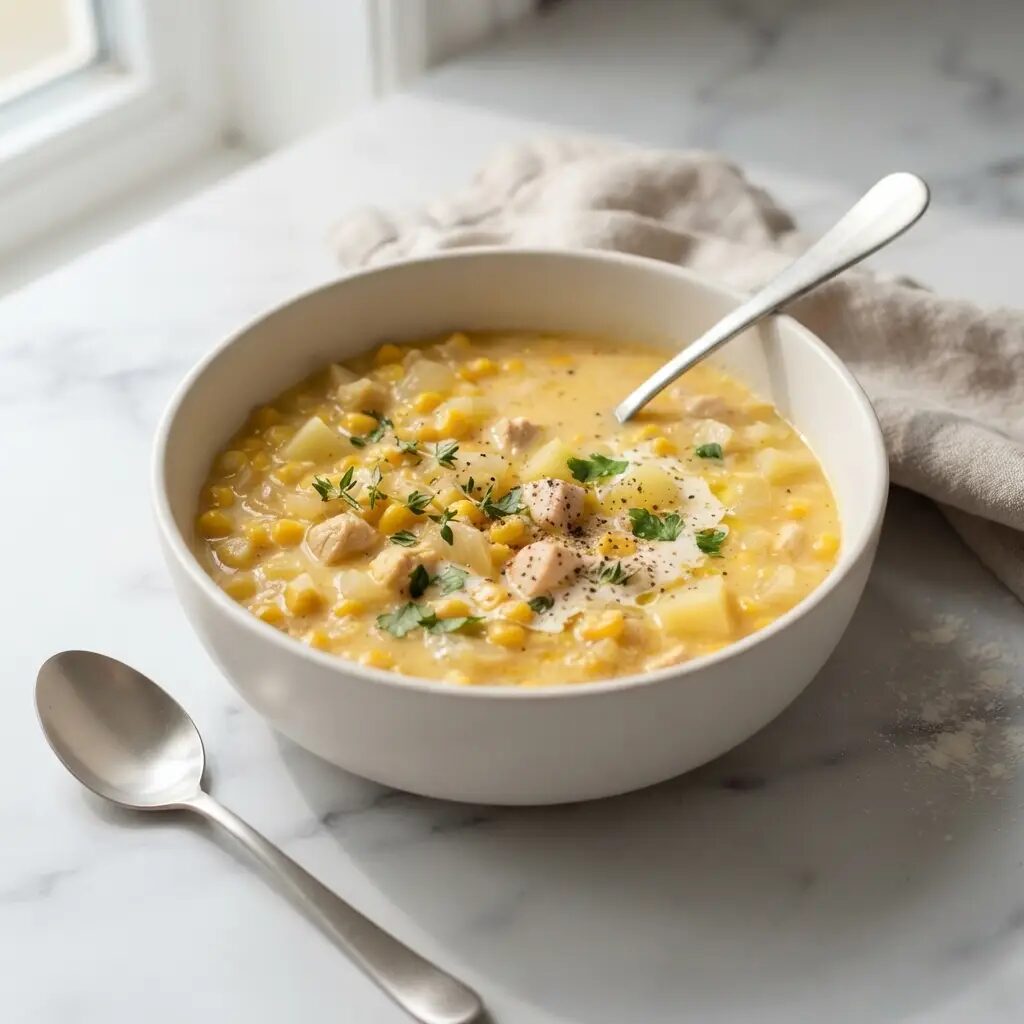 Soupe de maïs au poulet, dressé dans une assiette