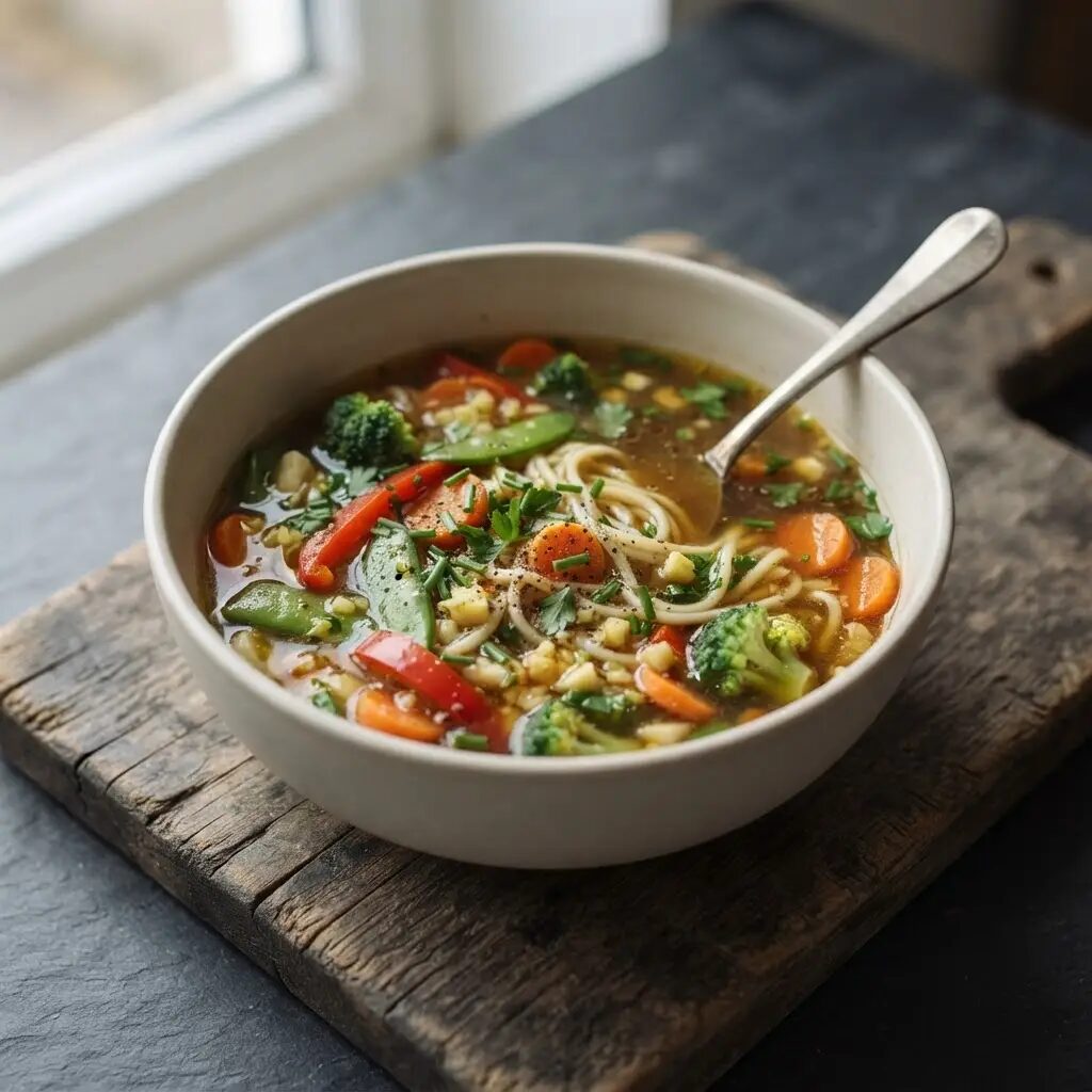 Soupe de nouilles aux légumes, dressé dans une assiette