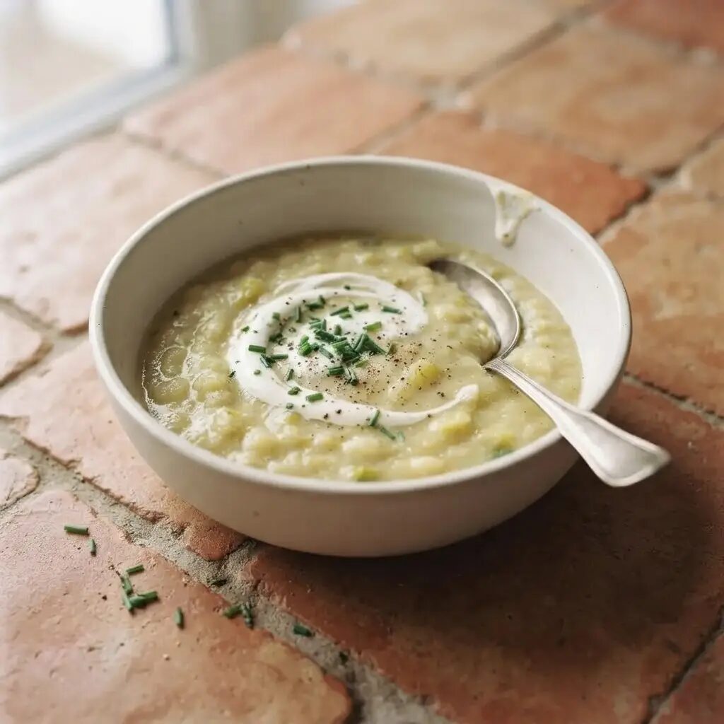 Soupe poireaux pommes de terre, dressé dans une assiette