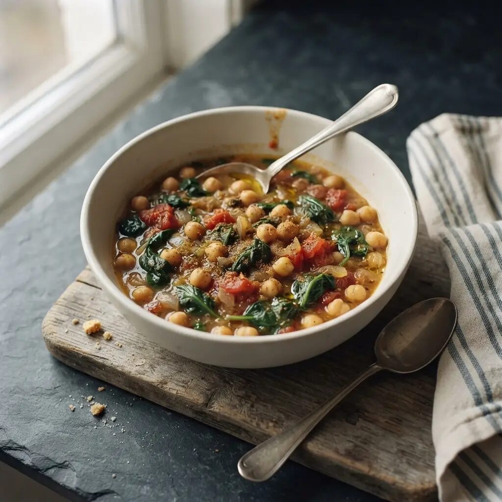 Soupe pois chiches épinards, dressé dans une assiette