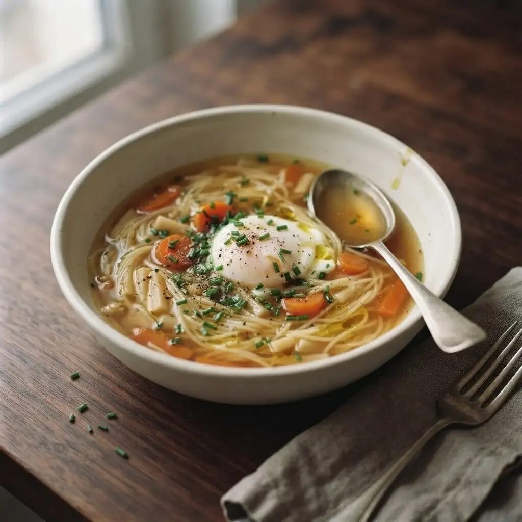 Bouillon aux vermicelles et œuf, dressé dans une assiette