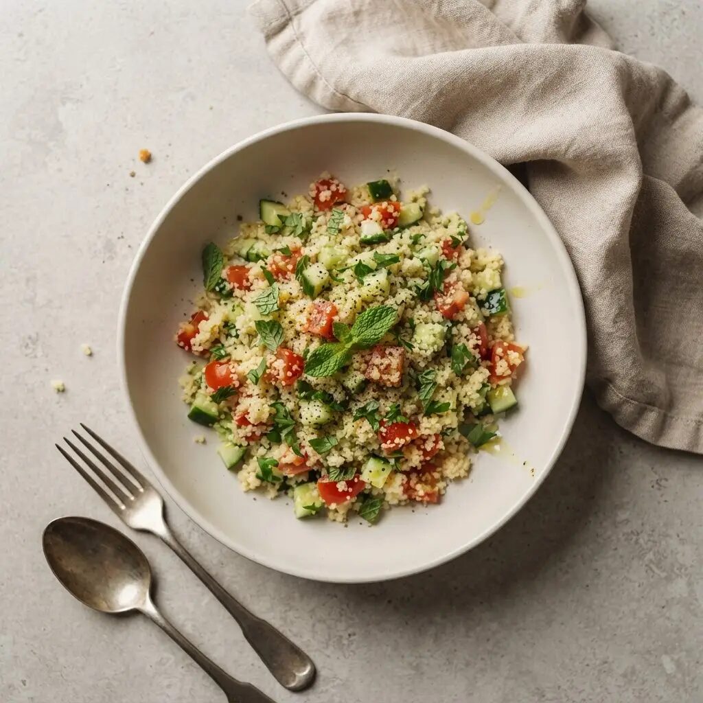 Taboulé maison, dressé dans une assiette