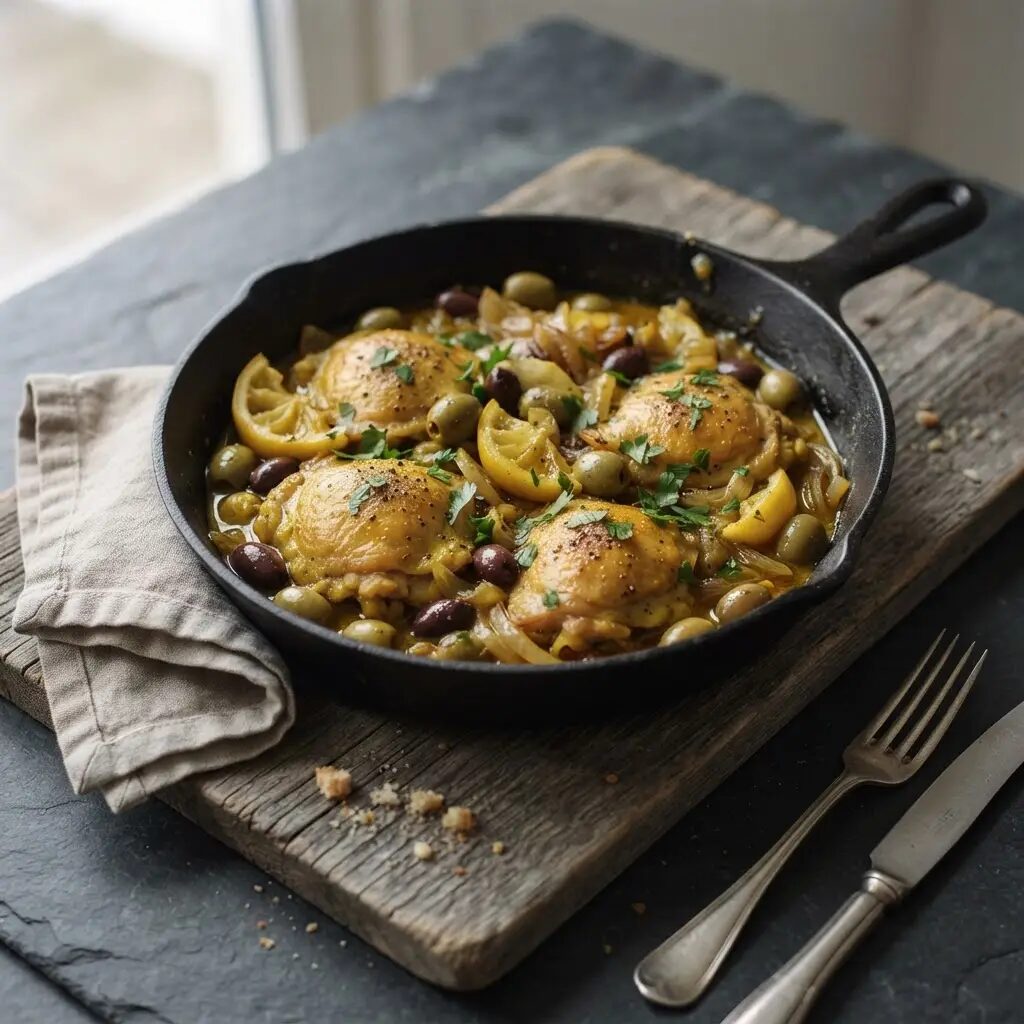Tajine de poulet aux olives, dressé dans une assiette