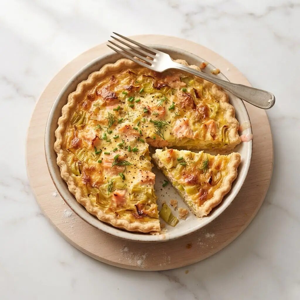Tarte saumon poireaux, dressé dans une assiette