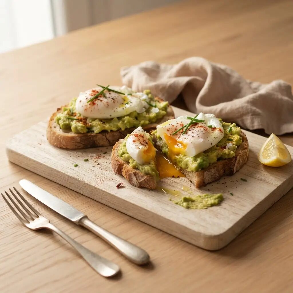 Tartines avocat œuf poché, dressé dans une assiette