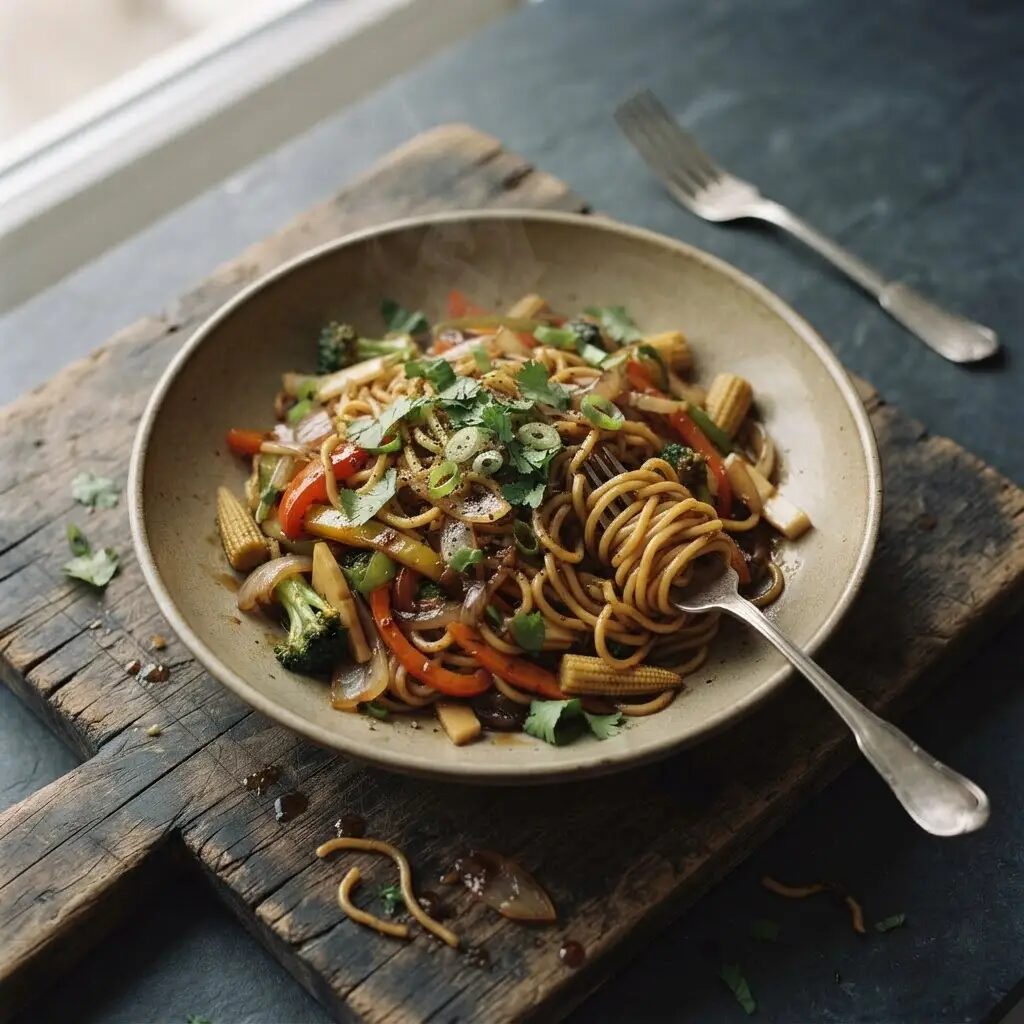 Wok de nouilles aux légumes, dressé dans une assiette